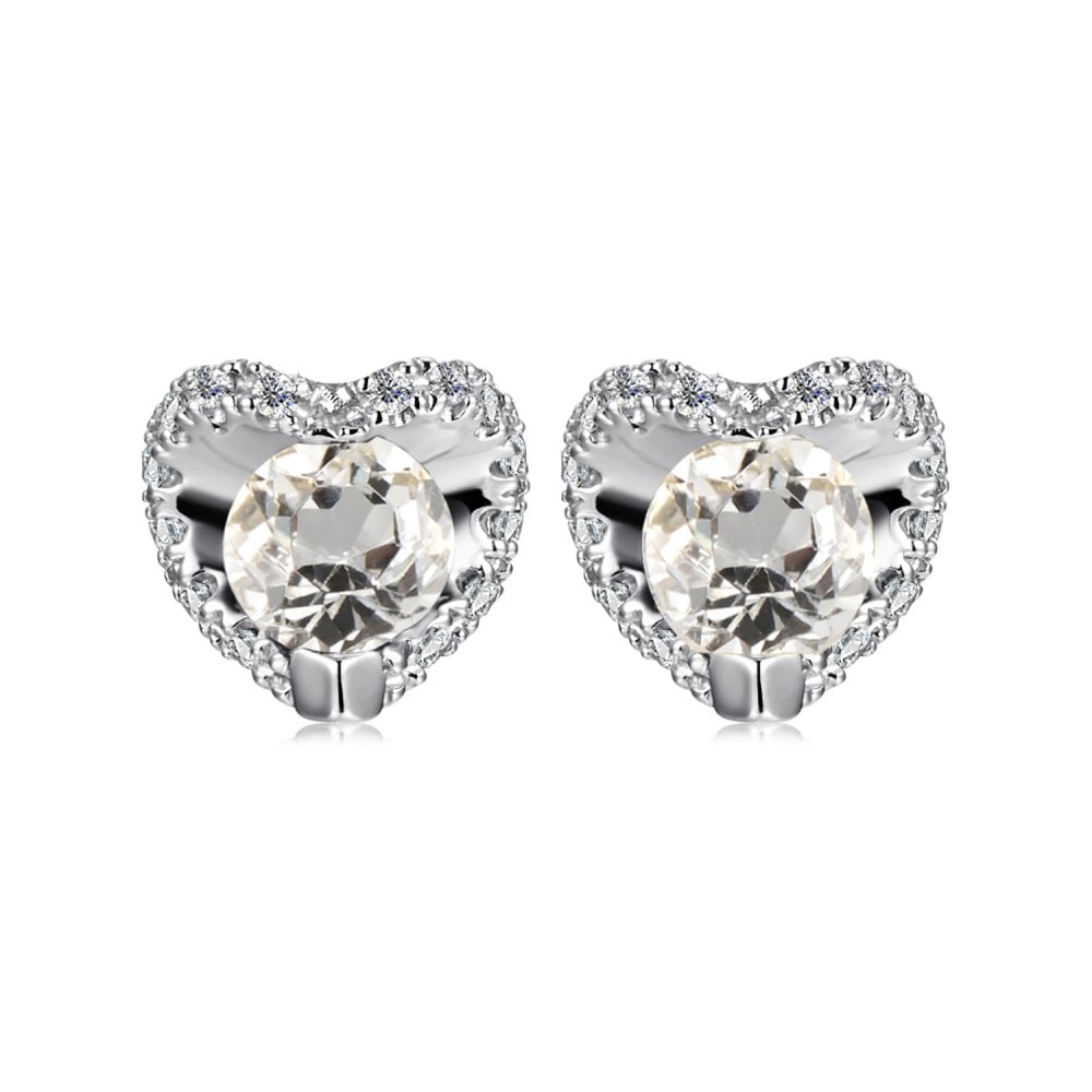SPARKLD 9ct White Gold Diamond and White Topaz Heart Stud Earrings