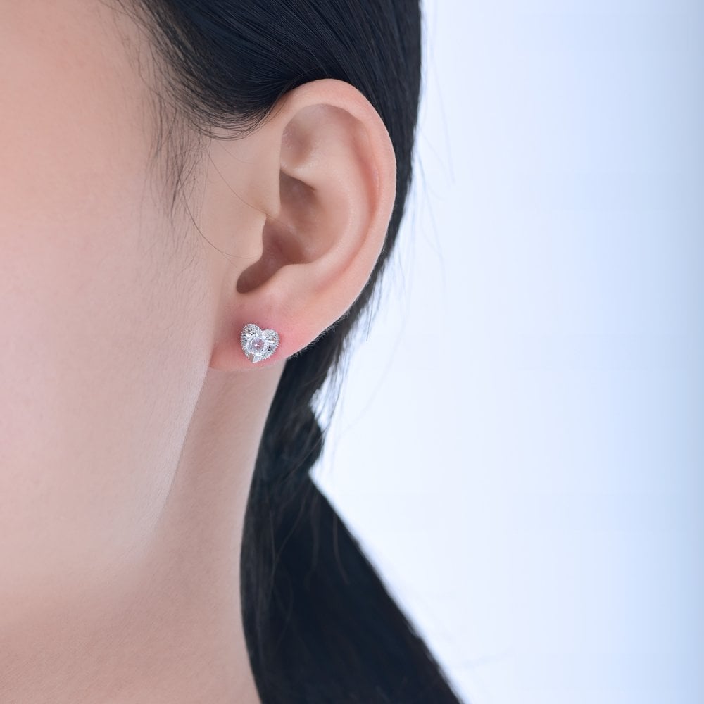 SPARKLD 9ct White Gold Diamond and White Topaz Heart Stud Earrings