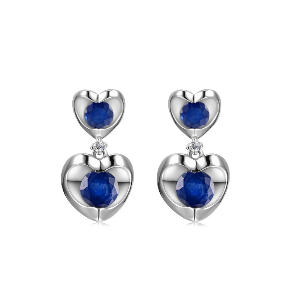 SPARKLD 9ct White Gold Diamond and Sapphire Heart Drop Earrings