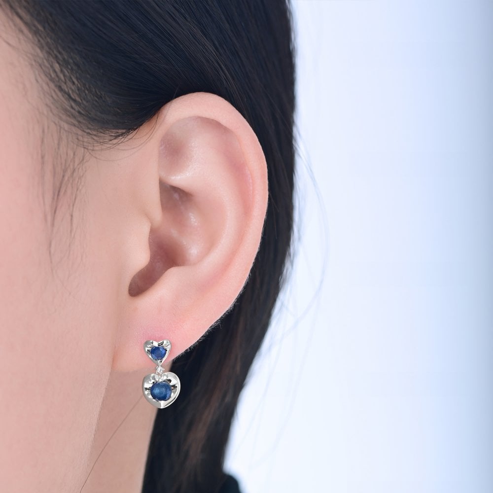 SPARKLD 9ct White Gold Diamond and Sapphire Heart Drop Earrings