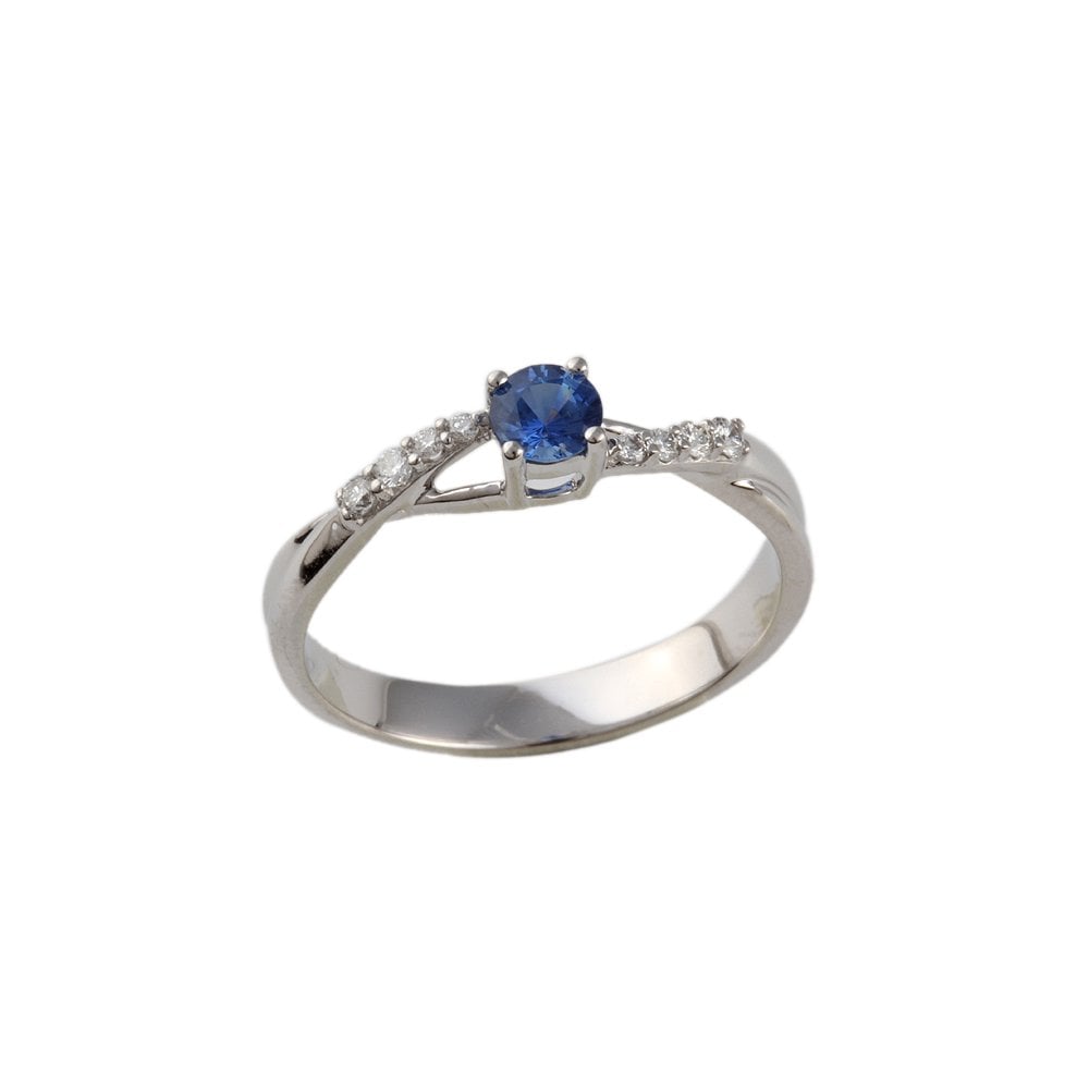 White Gold 0.11ct Round Diamond and 0.34ct Blue Sapphire Set Ring with Studded Shank