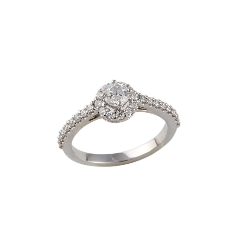 White Gold 0.60ct Round Diamond Solitaire Ring with Surrounded Diamonds and Studded Shank