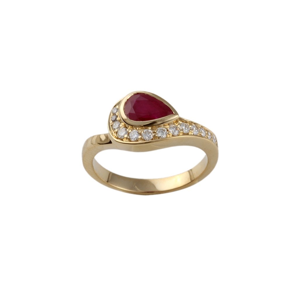 Yellow Gold 0.80ct Pear shaped Ruby and 0.15ct Round Diamond set Ring