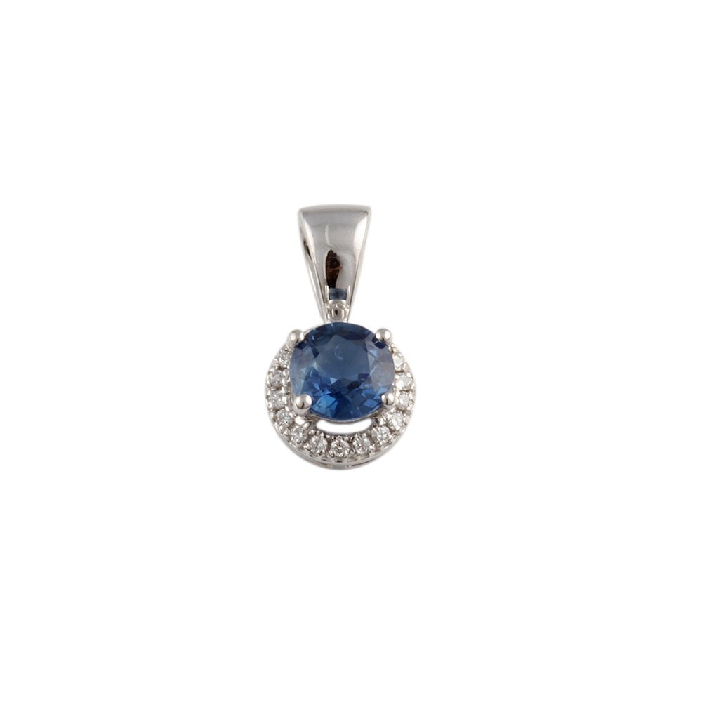 White Gold 0.06ct Round Brilliant Cut Diamond and 0.65ct Round Blue Sapphire Cluster Pendant