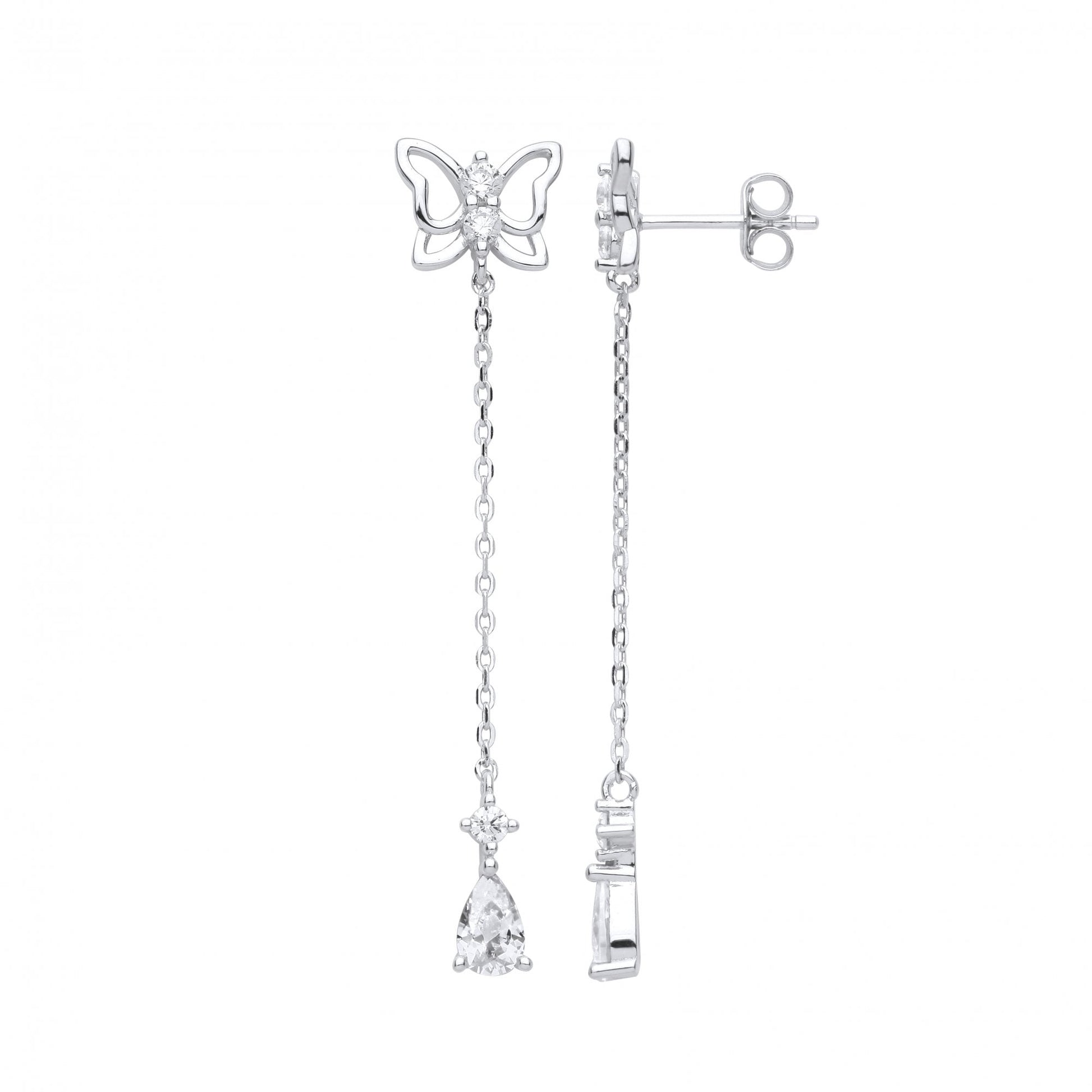 Silver CZ Butterfly Chain Drop Earrings