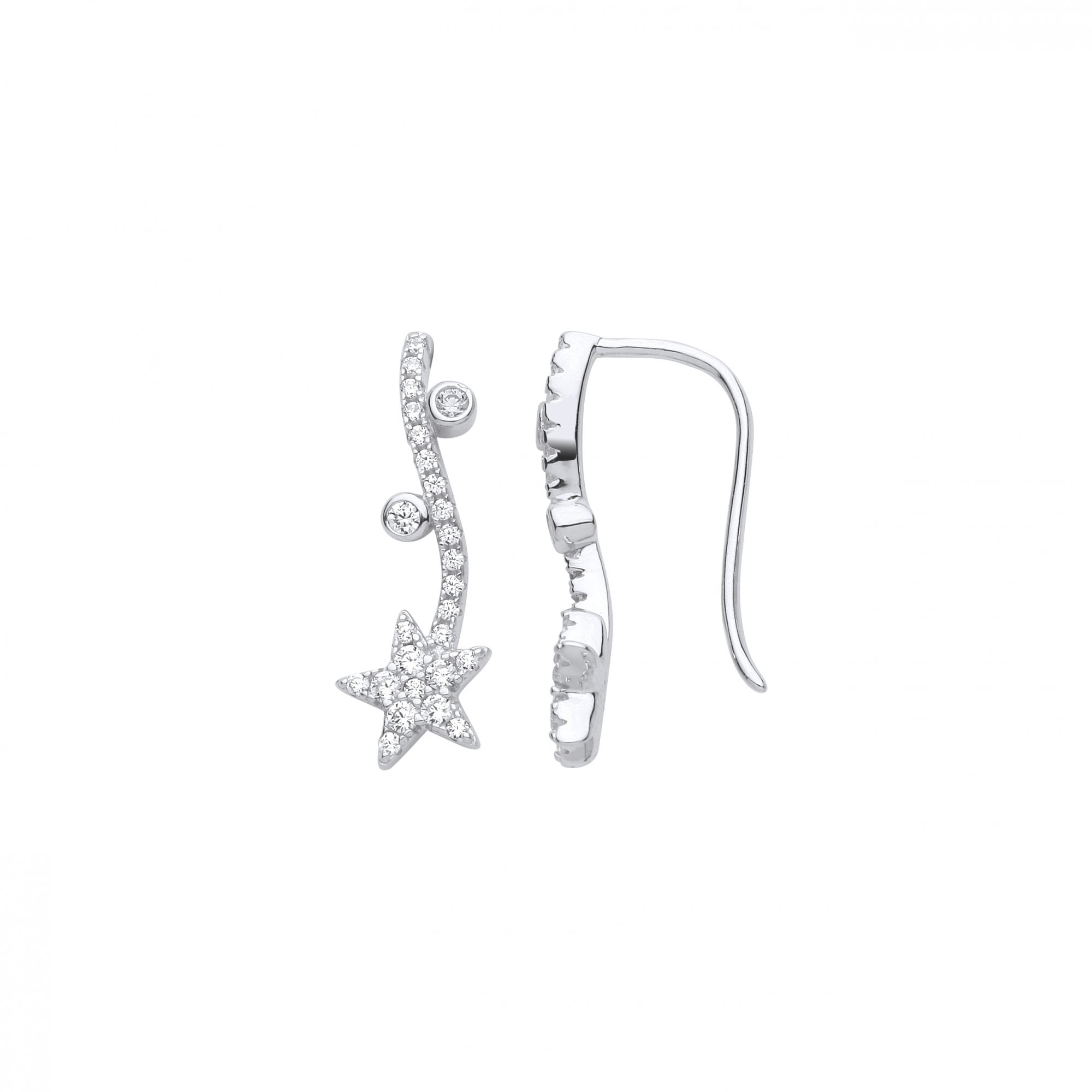 Silver CZ Fancy Star Line Drop Earrings