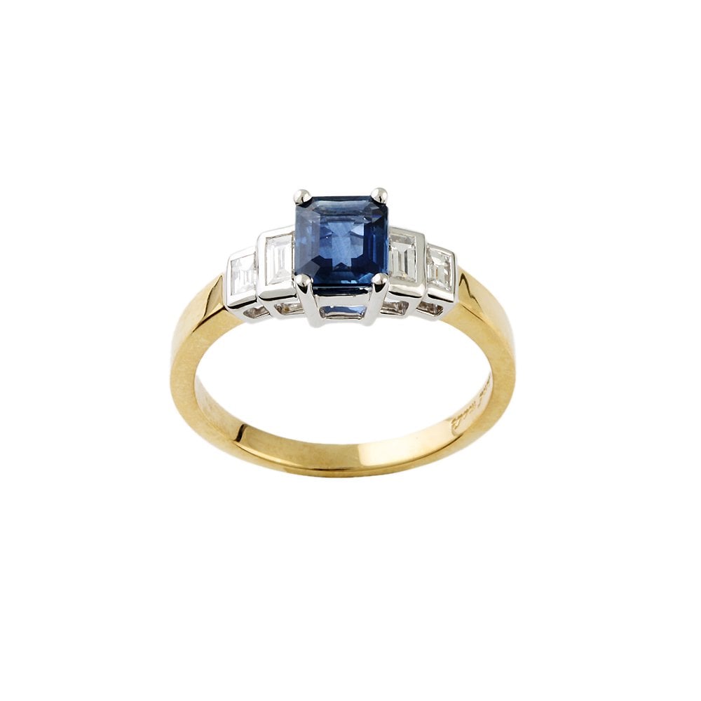 Yellow and White Gold 0.30ct Baguette Cut Diamond and 1.25ct Emerald Cut Blue Sapphire Five Stone Ring