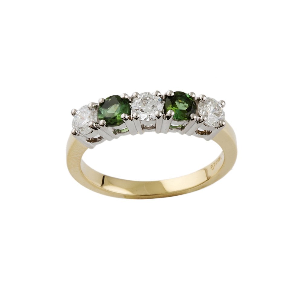 Yellow and White Gold 0.60ct Round Brilliant Diamond and 0.44ct Round Tourmaline Five Stone Ring