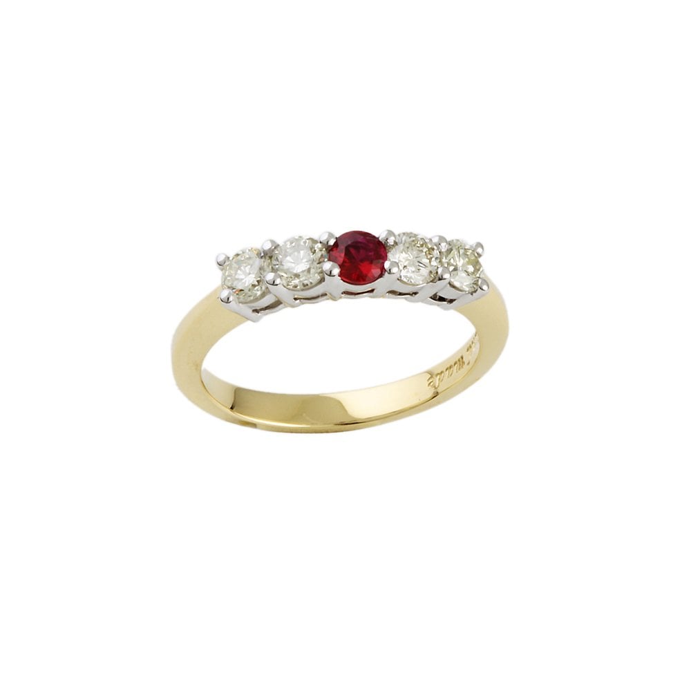 Yellow and White Gold 0.60ct Round Brilliant Diamond and 0.15ct Round Ruby Five Stone Ring