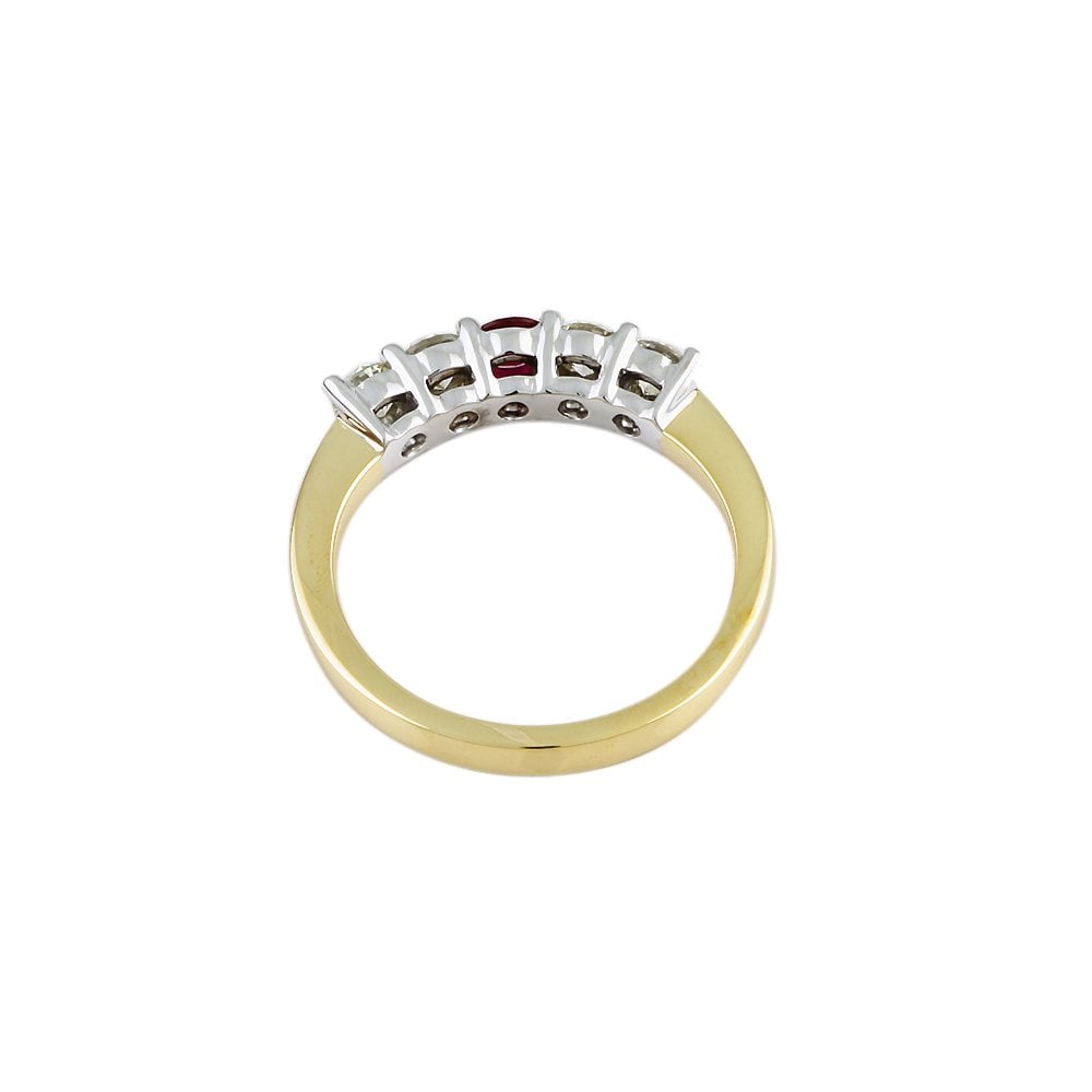 Yellow and White Gold 0.60ct Round Brilliant Diamond and 0.15ct Round Ruby Five Stone Ring