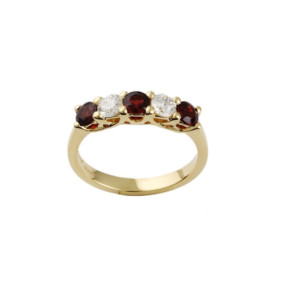 Yellow Gold 0.40ct Round Brilliant Diamond and 0.75ct Round Garnet Five Stone Ring