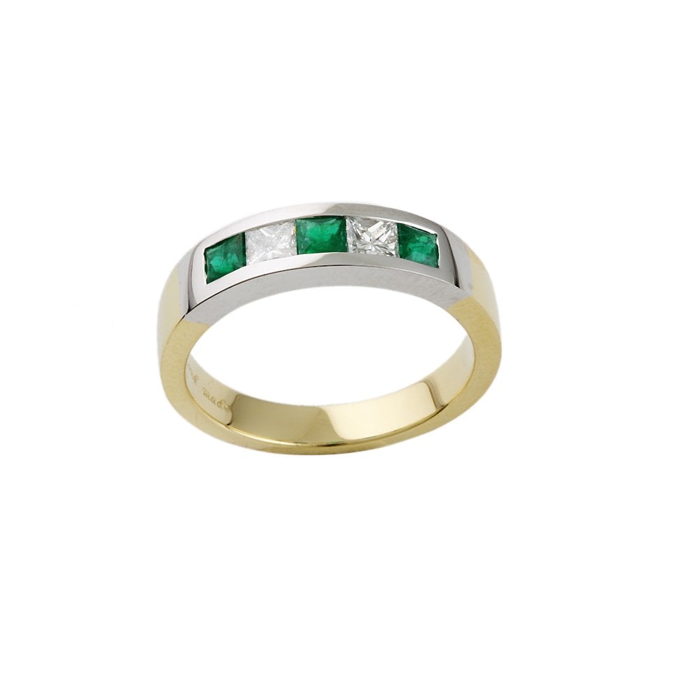 Yellow and White Gold 0.38ct Princess Cut Diamond and 0.40ct Sqaure Emerald Five Stone Ring