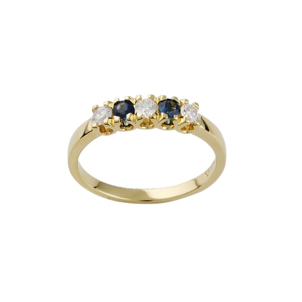 Yellow Gold 0.29ct Round Brilliant Diamond and 0.26ct Round Blue Sapphire Five Stone Ring