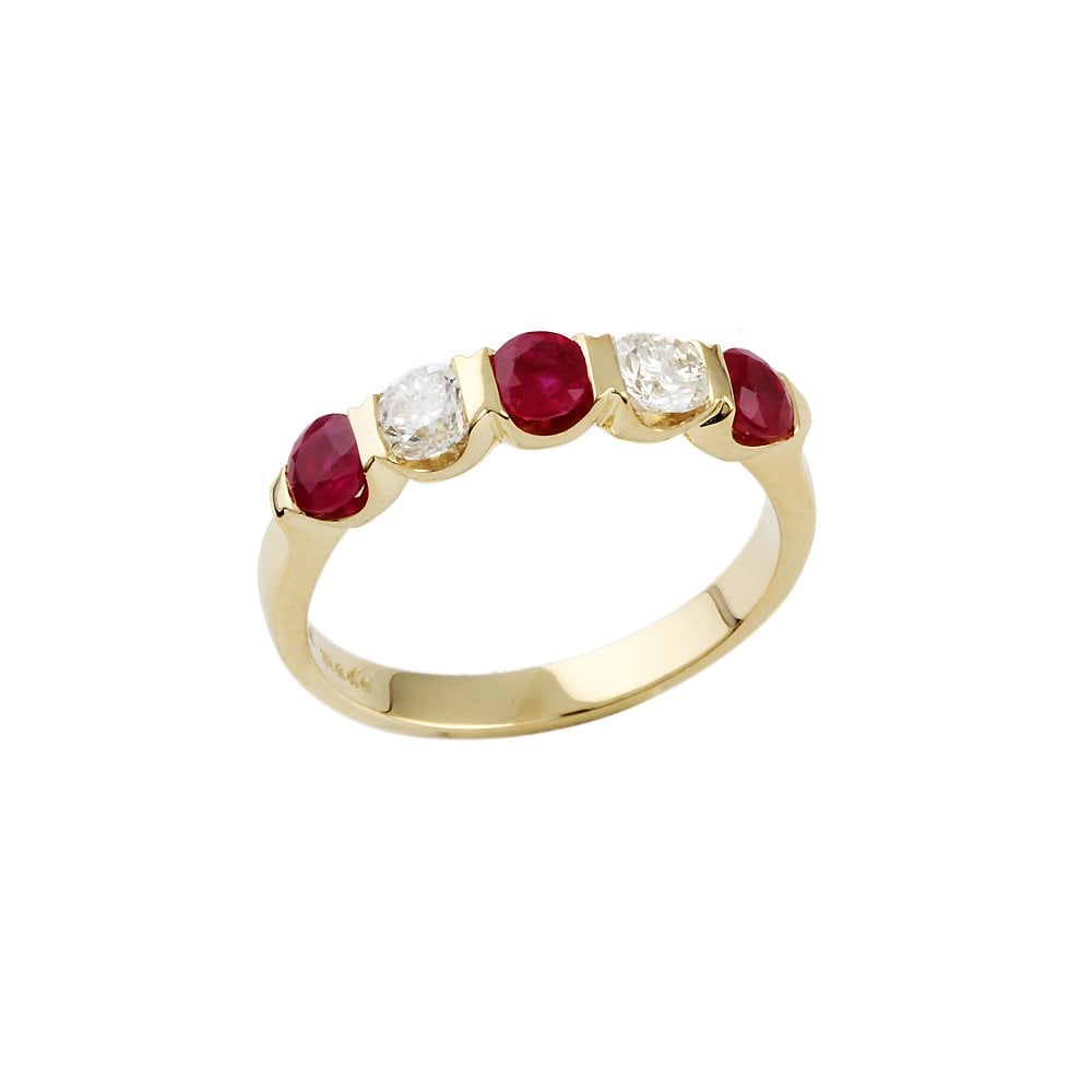 Yellow Gold 0.50ct Round Brilliant Diamond and 0.98ct Round Ruby Five Stone Ring