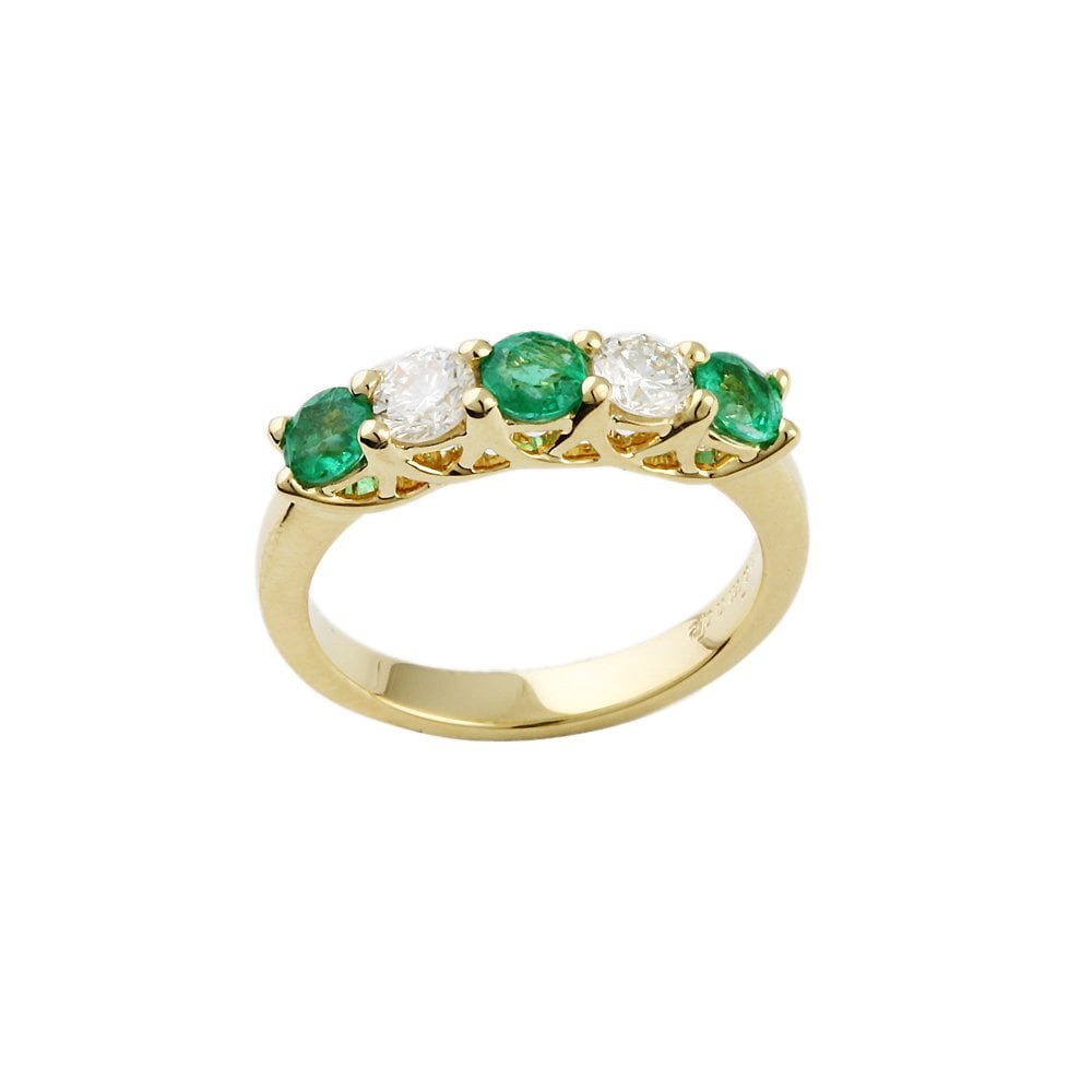 Yellow Gold 0.50ct Round Brilliant Diamond and 0.60ct Round Emerald Five Stone Ring