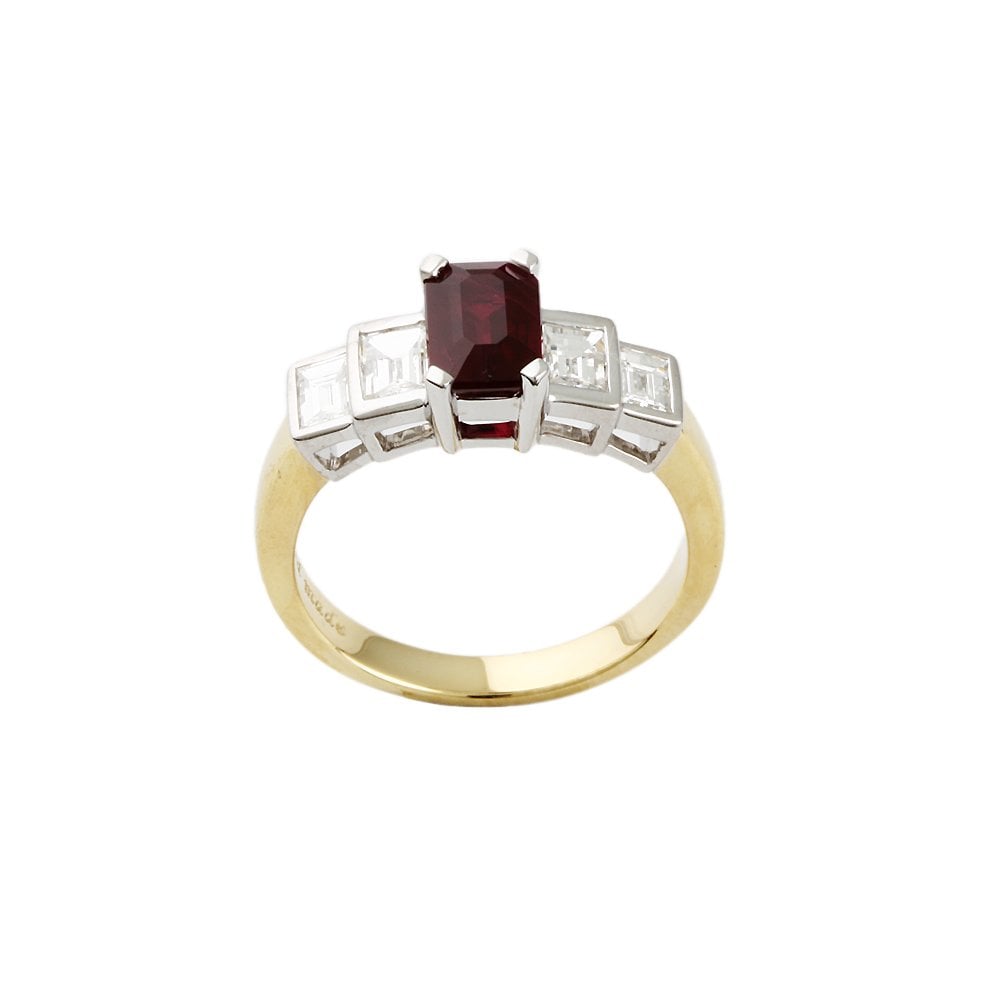 Yellow and White Gold 0.65ct Baguette Cut Diamond and 1.50ct Emerald Cut Ruby Five Stone Ring