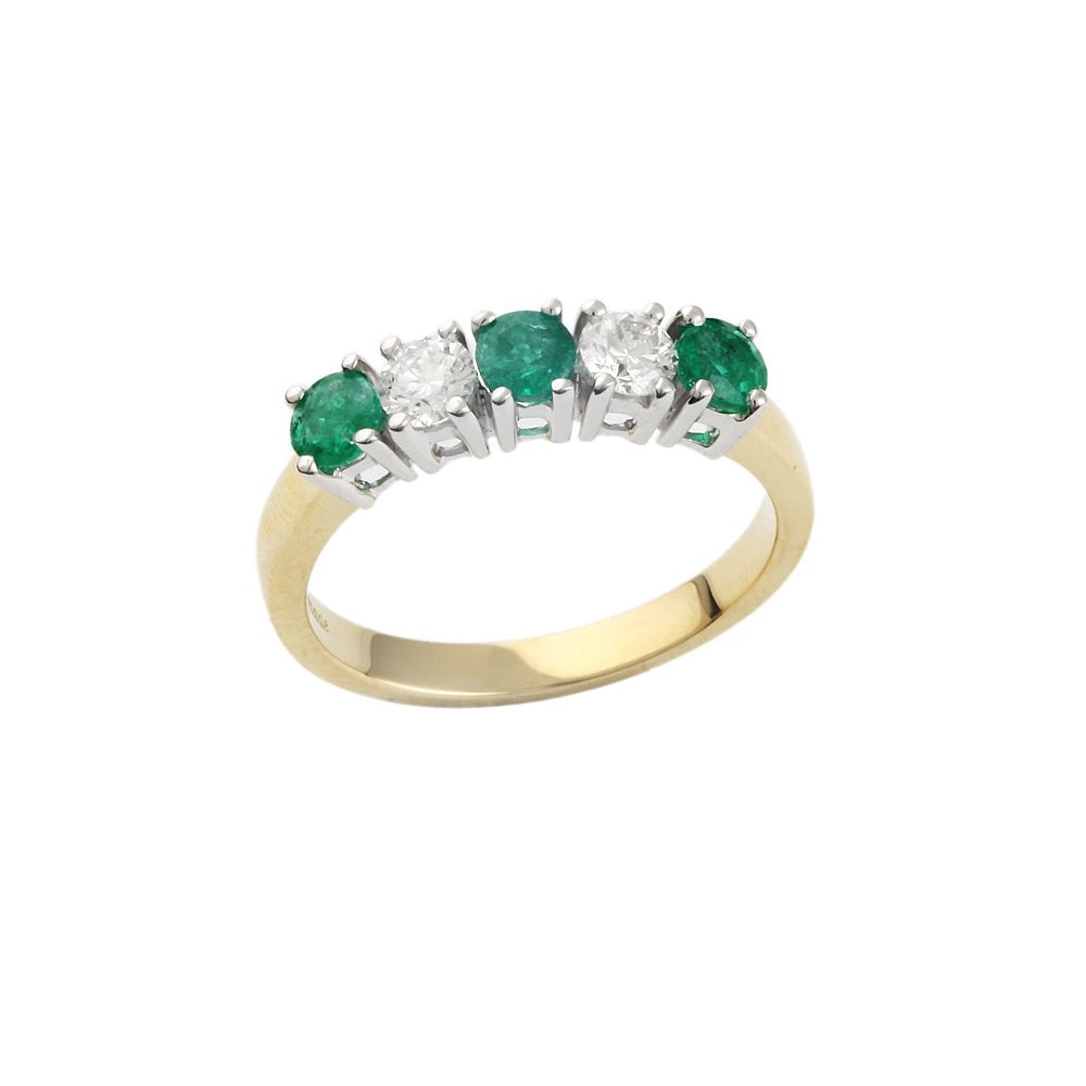 Yellow and White Gold 0.40ct Round Brilliant Diamond and 0.65 Round Emerald Five Stone Ring