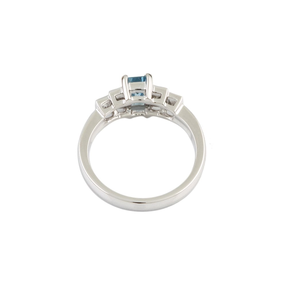 White Gold 0.30ct Baguette Cut Diamond and 0.45ct Emerald Cut Aquamarine Five Stone Ring