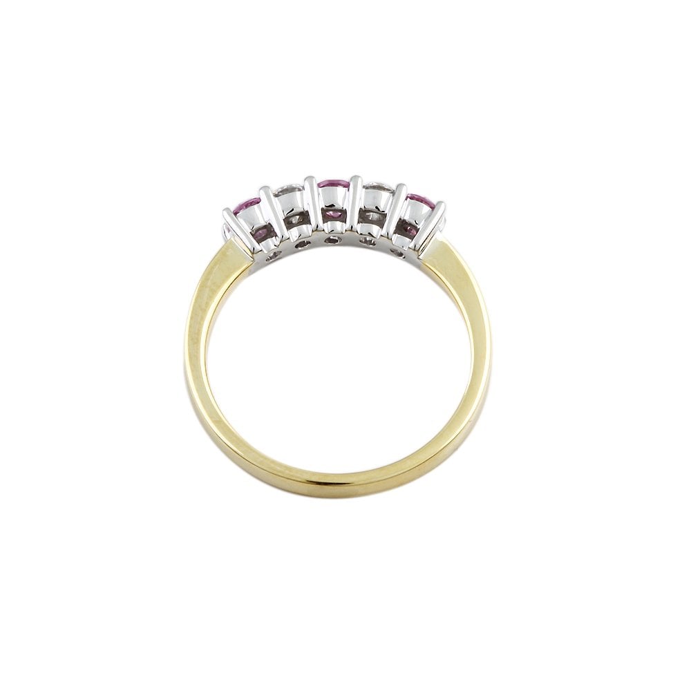 Yellow and White Gold 0.20ct Round Brilliant Diamond and 0.35 Round Pink Sapphire Five Stone Ring