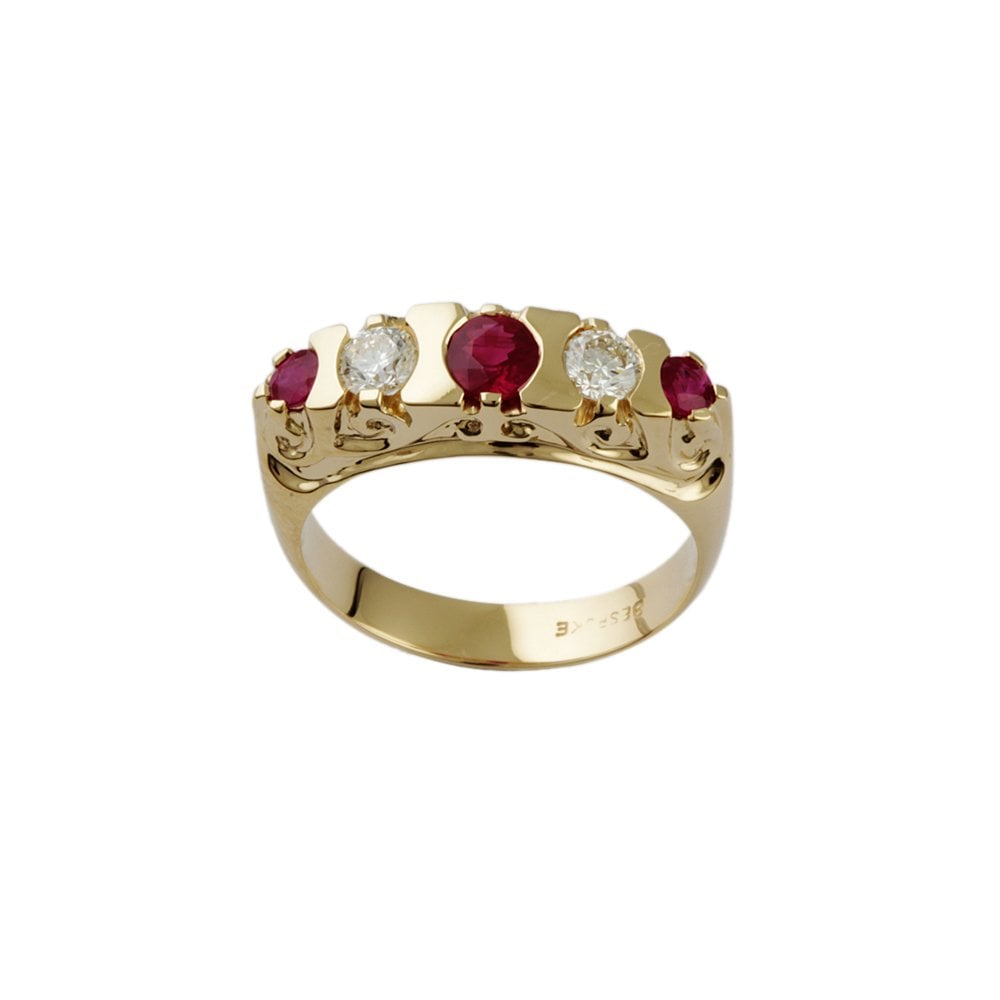 Yellow Gold 0.28ct Round Brilliant Diamond and 0.49 Round Ruby Five Stone Ring
