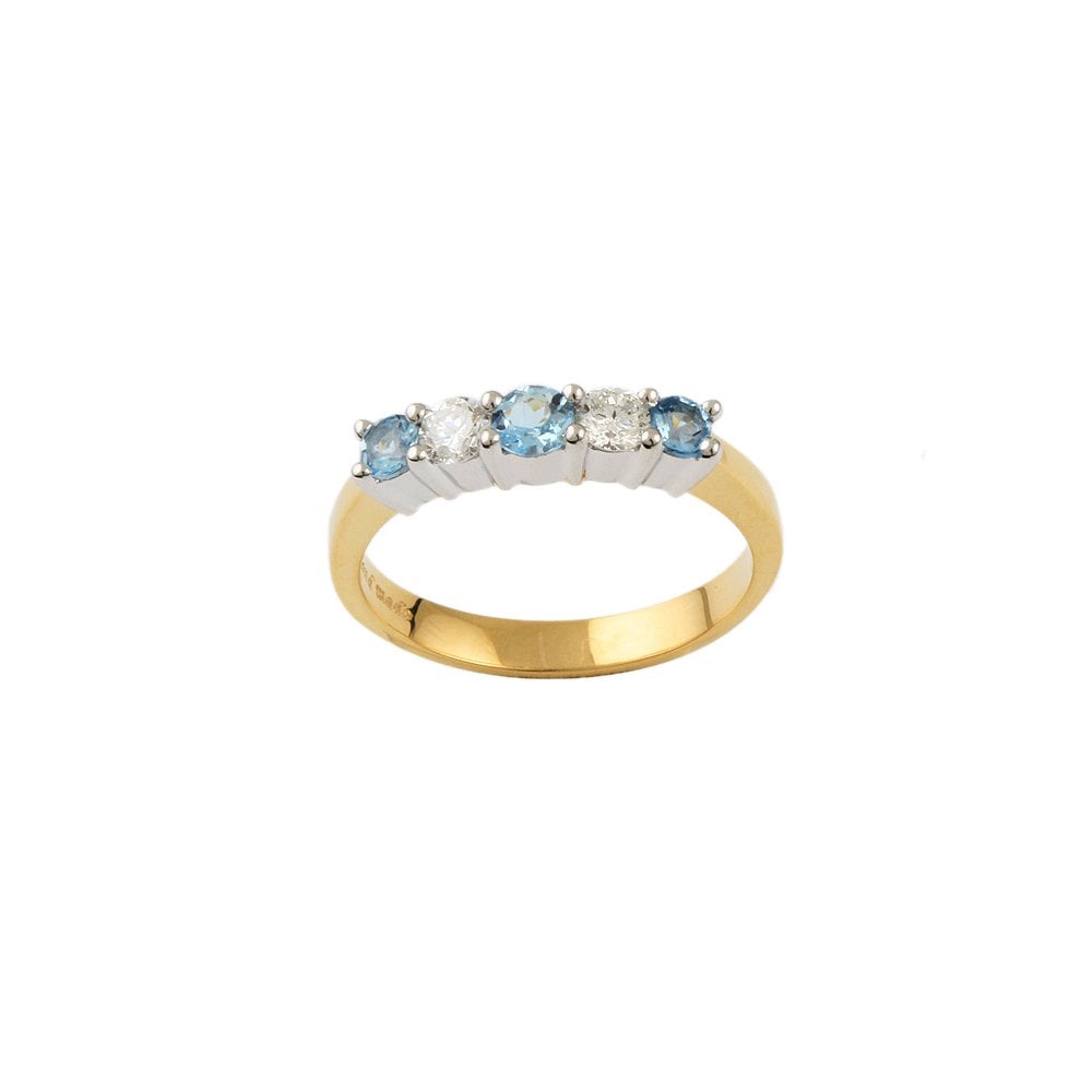 Yellow and White Gold 0.25ct Round Brilliant Diamond and 0.33ct Round Aquamarine Five Stone Ring