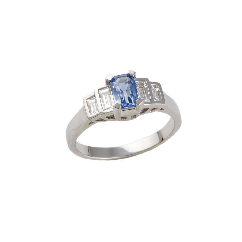White Gold 0.35ct Baguette Cut Diamond and 0.75ct Emerald Cut Blue Sapphire Five Stone Ring
