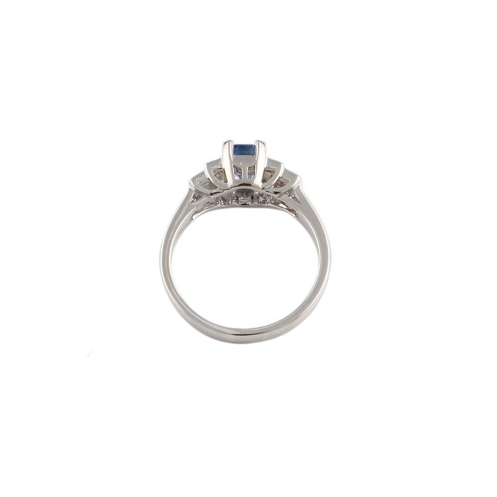 White Gold 0.35ct Baguette Cut Diamond and 0.75ct Emerald Cut Blue Sapphire Five Stone Ring