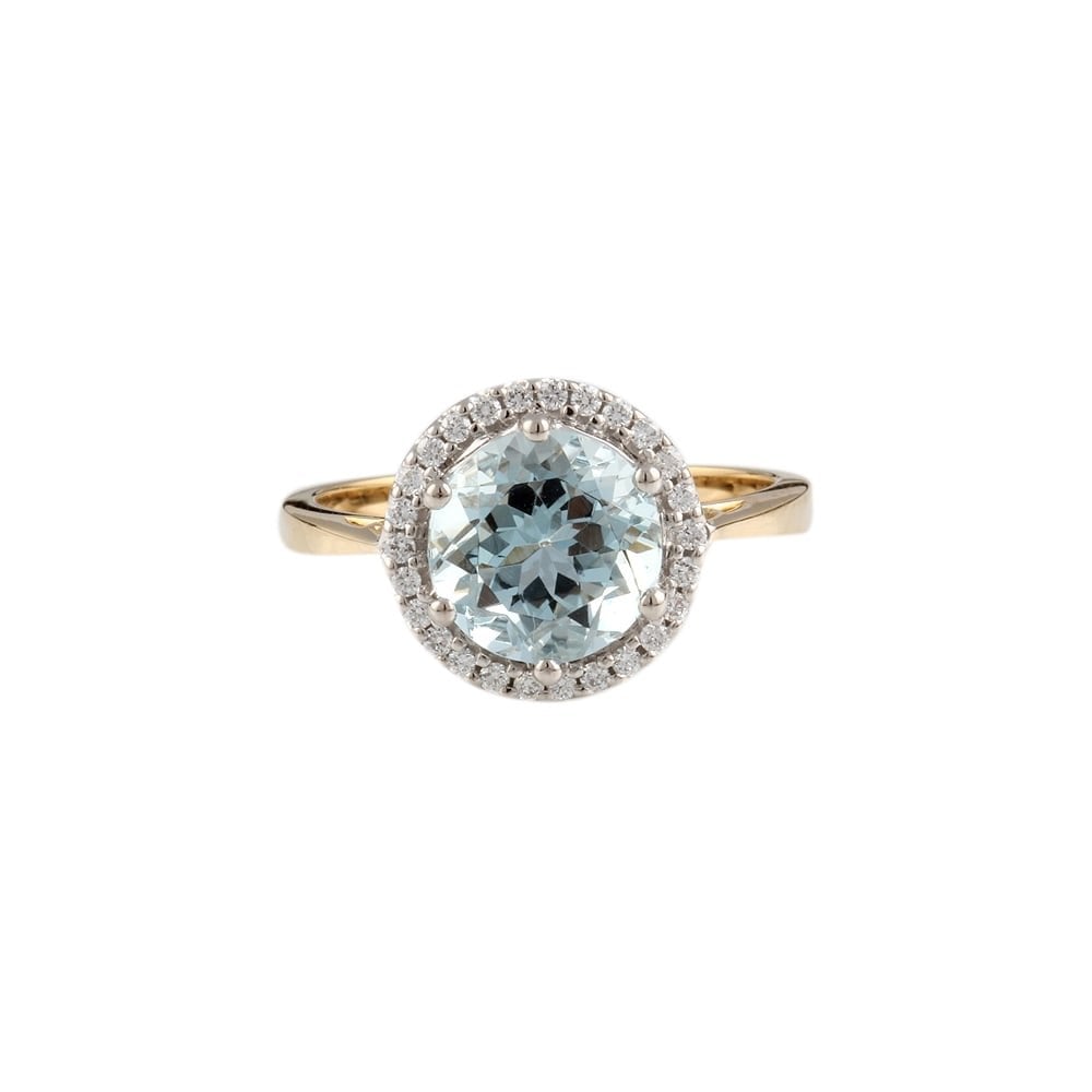 9ct yellow and white gold aquamarine and diamond cluster ring