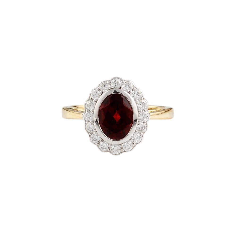 9ct yellow and white gold garnet and diamond cluster ring
