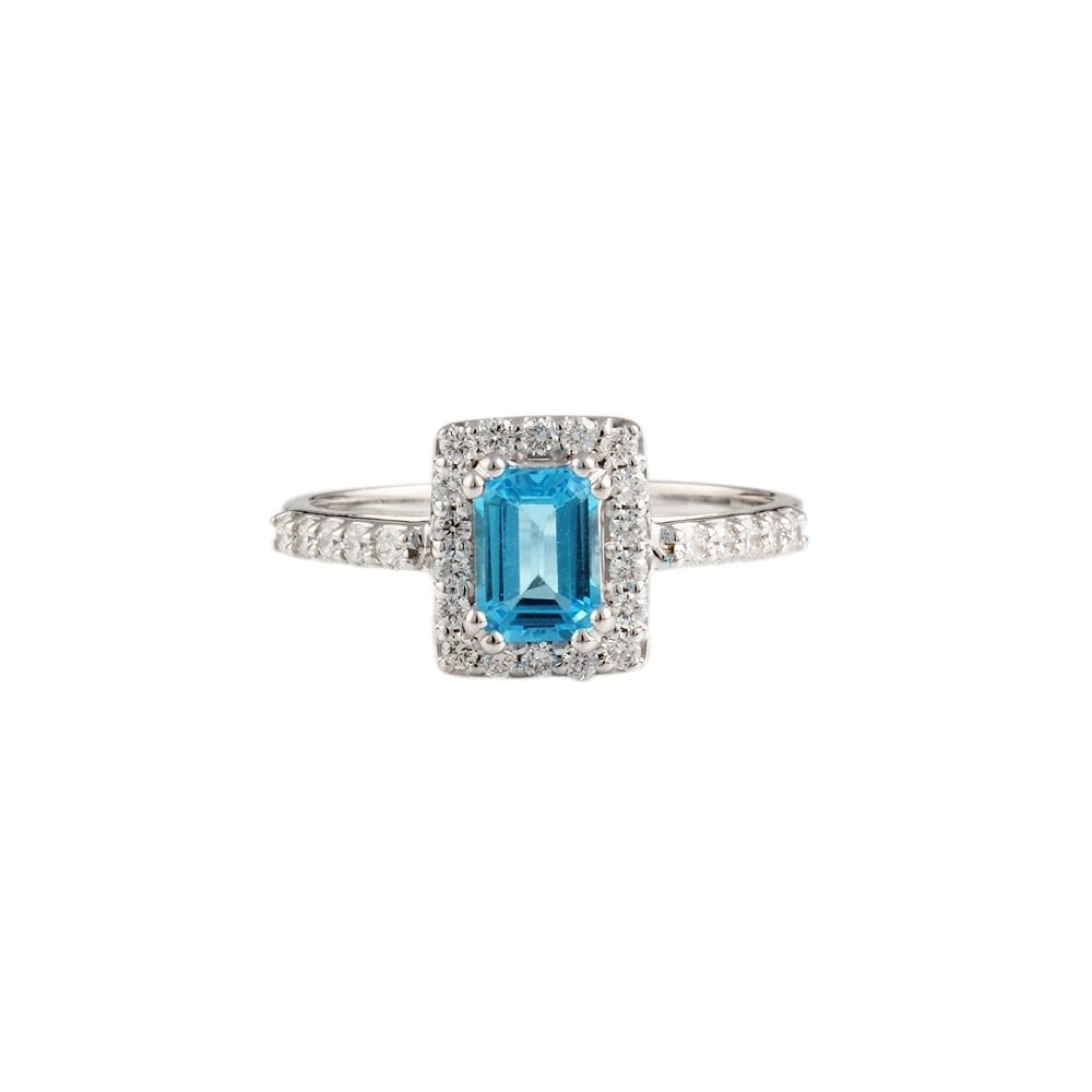 9ct white gold blue topaz and diamond cluster ring