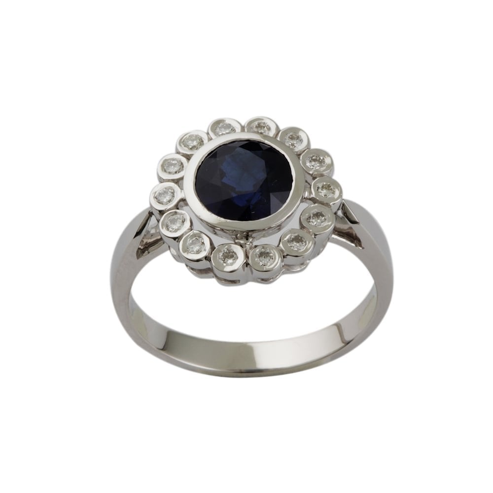 9ct White Gold Blue Sapphire 1.86ct and Diamond 0.21ct Cluster Ring