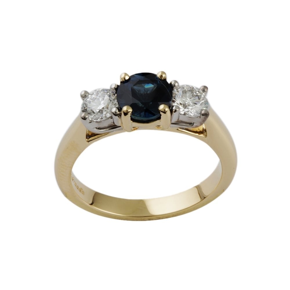 9ct Yellow and White Gold Blue Sapphire 1.41ct and Diamond 0.70ct Three Stone Ring