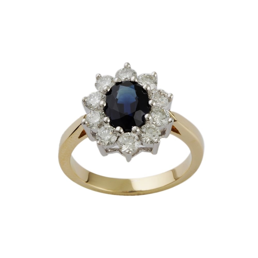 9ct Yellow and White Gold Blue Sapphire 1.72ct and Diamond 1.05ct Cluster Ring