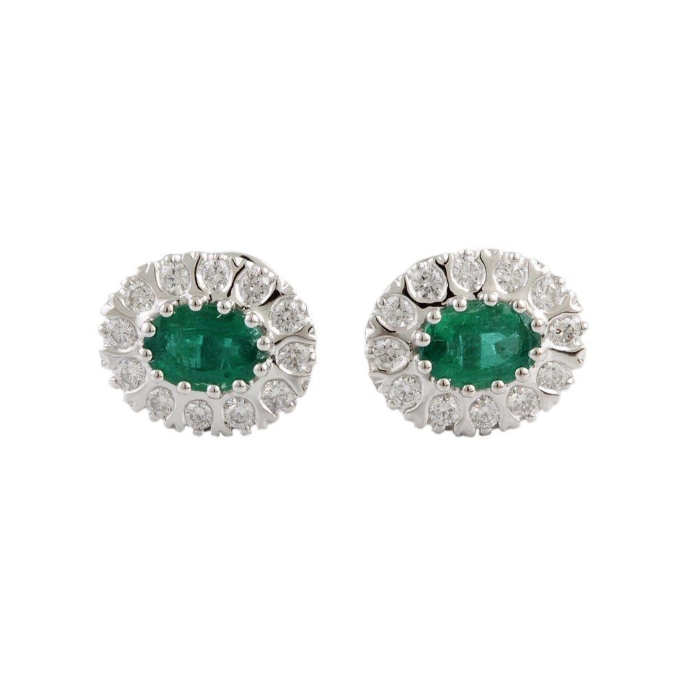 9ct White Gold Emerald 1.37ct and Diamond 0.62ct Stud Earrings