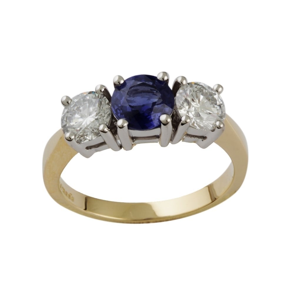 9ct Yellow and White Gold Blue Sapphire and Diamond Three Stone Ring