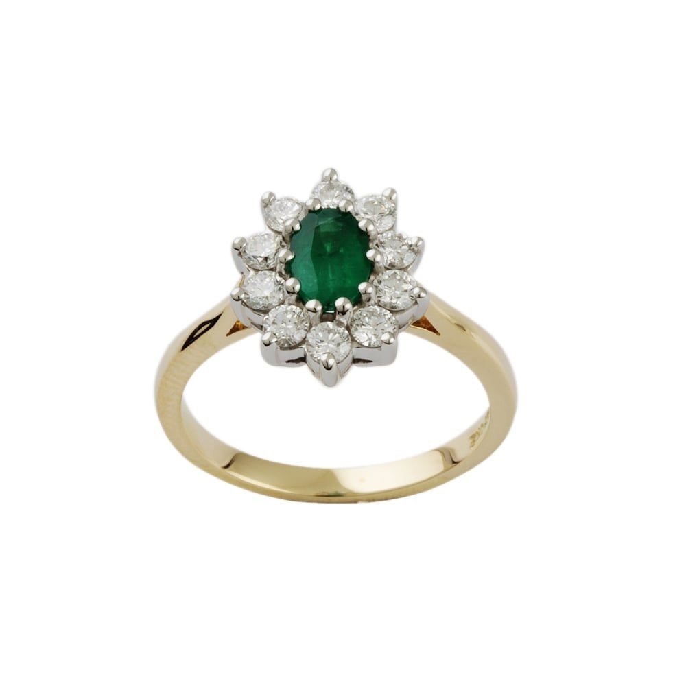 9ct Yellow and White Gold Emerald and Diamond Cluster Ring