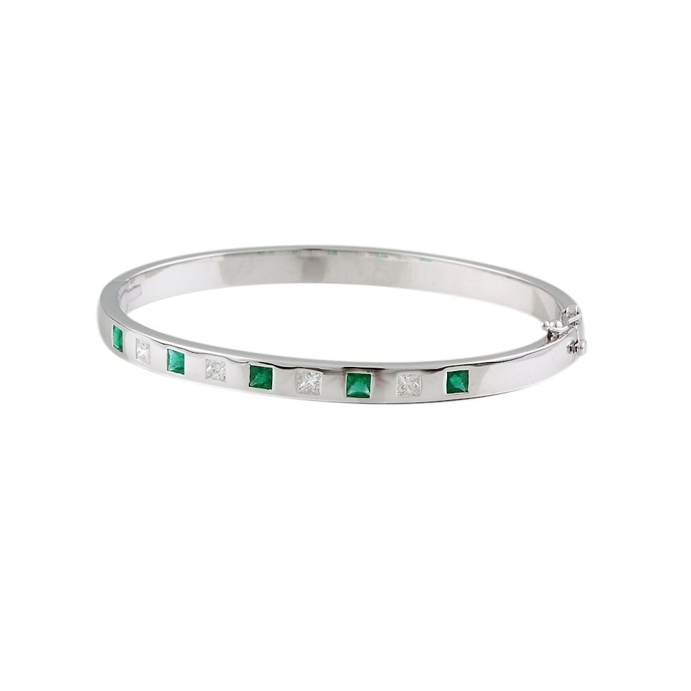 9ct White Gold Hinged Emerald 0.70ct And Diamond 0.59ct Bangle