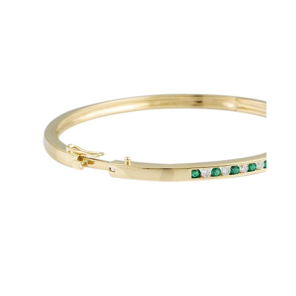 9ct Yellow Gold Channel Set Hinged Emerald 0.59ct and Diamond 0.51ct Bangle