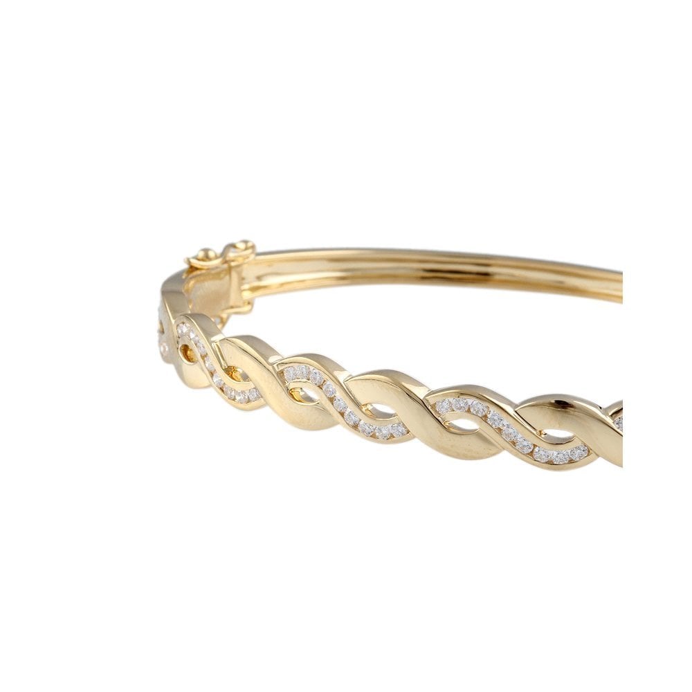 9ct Yellow Gold Wave Design Channel Set Hinged Diamond Bangle 0.59ct