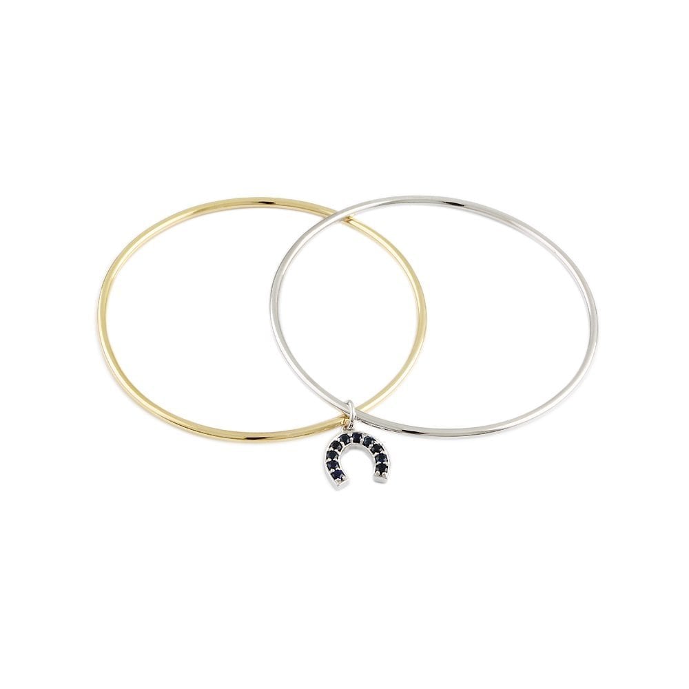9ct Yellow And White Gold Russian Style Slip On Lucky Horseshoe Sapphire Bangle 0.68ct