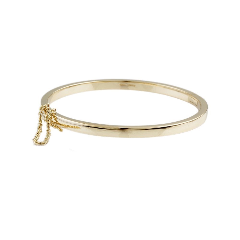 9ct Yellow Gold Hinged Solid Bangle With Safety Chain