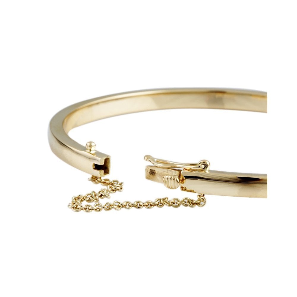 9ct Yellow Gold Hinged Solid Bangle With Safety Chain