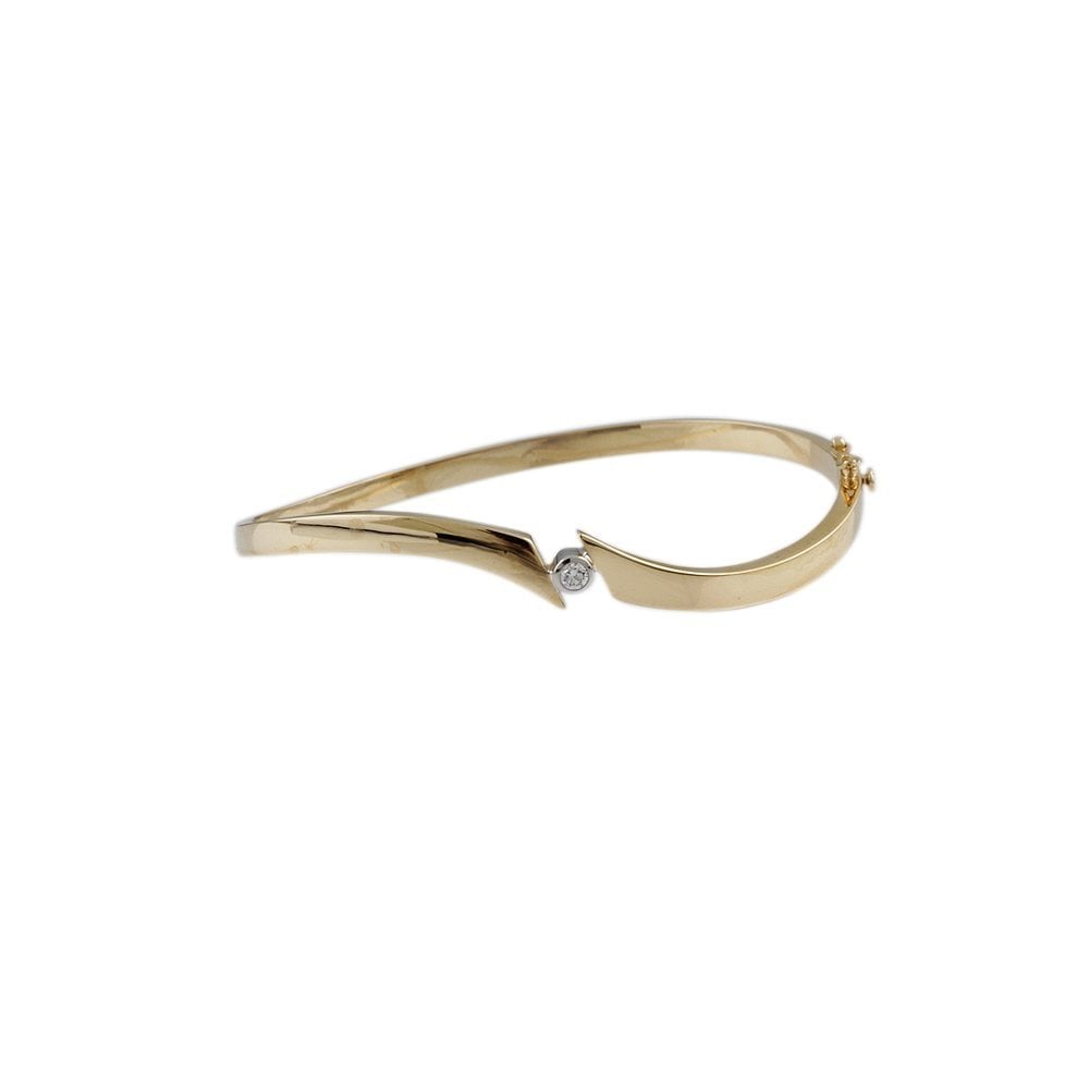 9ct Yellow And White Gold Hinged Diamond Set Asymmetric Contemporary Bangle 0.10ct
