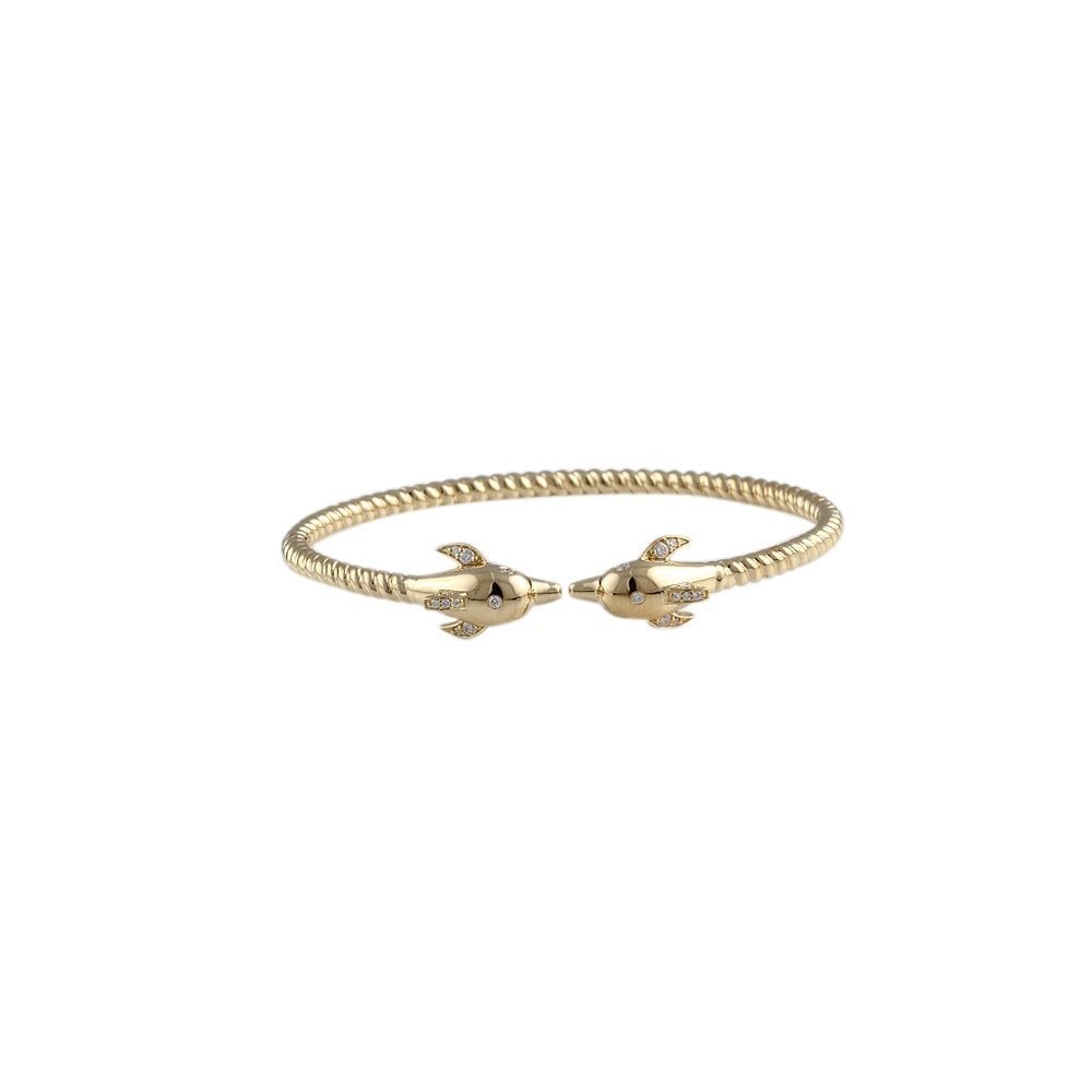 9ct Yellow Gold Diamond Set Dolphin Torque Bangle 0.25ct