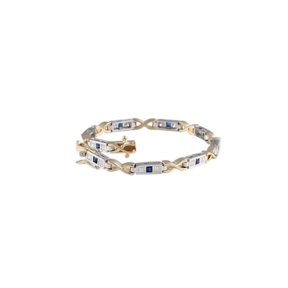 9ct Yellow And White Gold Sapphire 0.80ct And Diamond 1.28ct Gold Bar And Kiss Link Bracelet