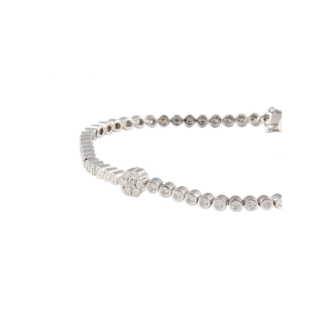 9ct White Gold Diamond Tennis Bracelet With Central Flower Cluster 1.35ct