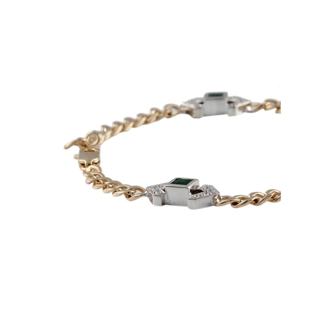 9ct Yellow And White Gold Emerald 0.74ct And Diamond 0.26ct Chain Link Bracelet