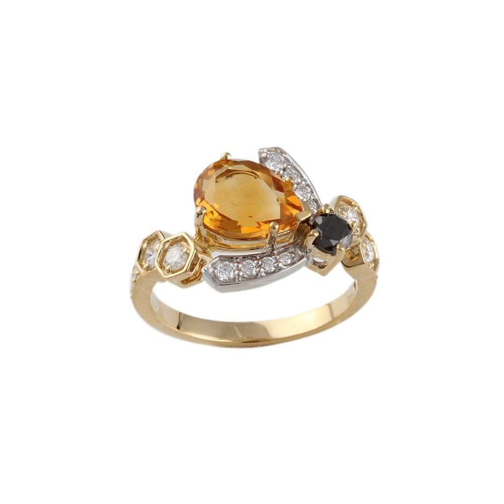 Yellow and White Gold 0.58ct Round Brilliant Cut Diamonds and 1.66ct Pear Shape Citrine Bee Ring