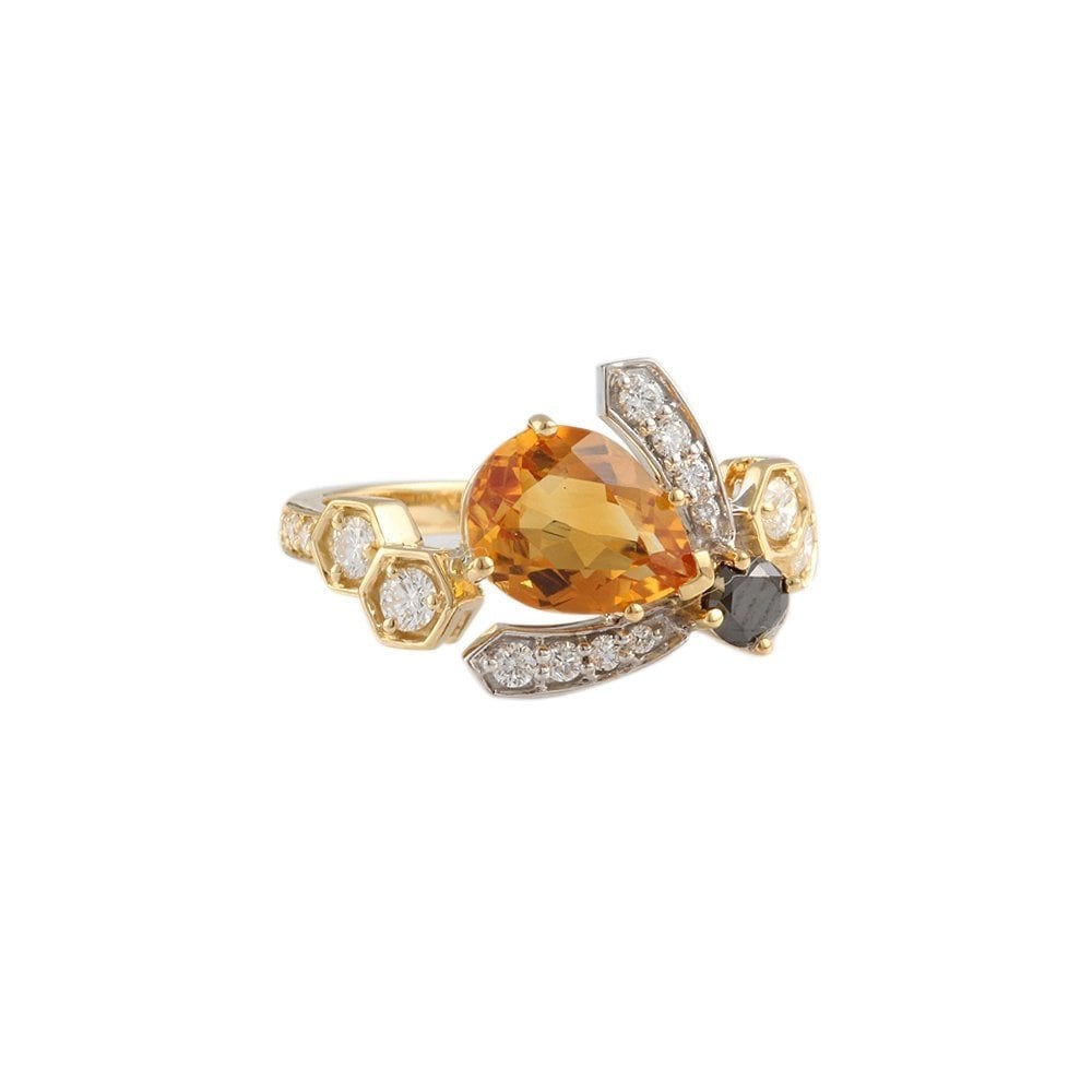 Yellow and White Gold 0.58ct Round Brilliant Cut Diamonds and 1.66ct Pear Shape Citrine Bee Ring