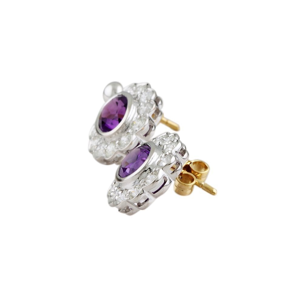 9ct Yellow White Gold 1.19ct Round Brilliant Cut Diamond and 2.34ct Oval Amethyst Cluster Drop Earrings